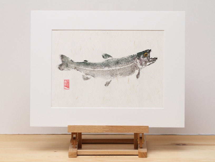 gyotaku print of rainbow trout in metalic inks